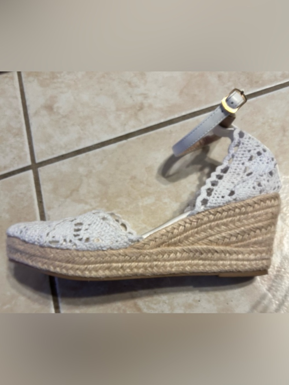 White Crochet  Espadrille Wedge Sandals With An Ankle Strap. 7 - Picture 2 of 4